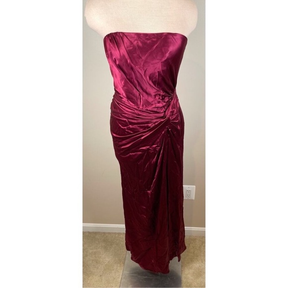 SAU LEE Hera Strapless Ruched Draped Satin Boysen Berry Red Maxi Dress Size 8 - Picture 3 of 10